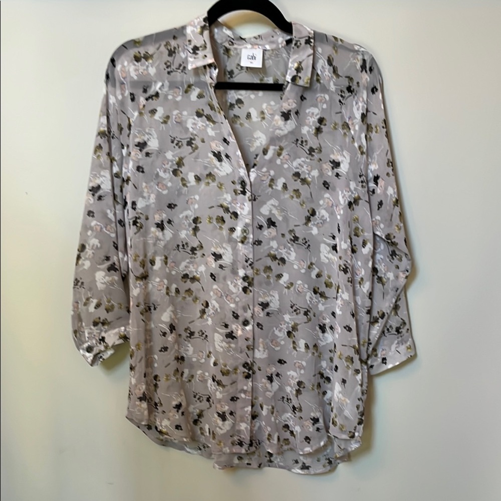 CAbi White and Gray Button Down Top with Notched Collar and Cuffed Sleeves